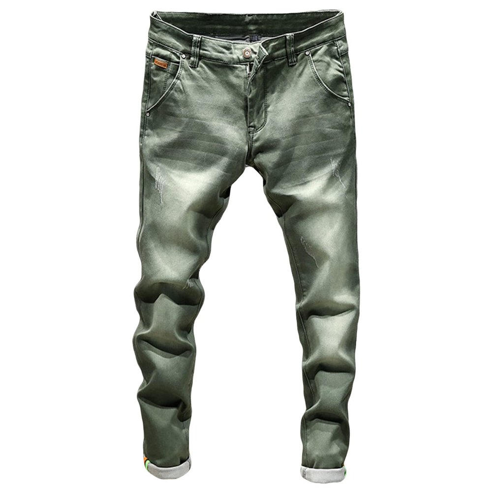 JEsilunmaMY Men's Distressed Tapered Jeans Mid Waist Slim Fit Stretch Denim Pants Casual Washed Pencil Jeans with Pockets (Dark Green,34)