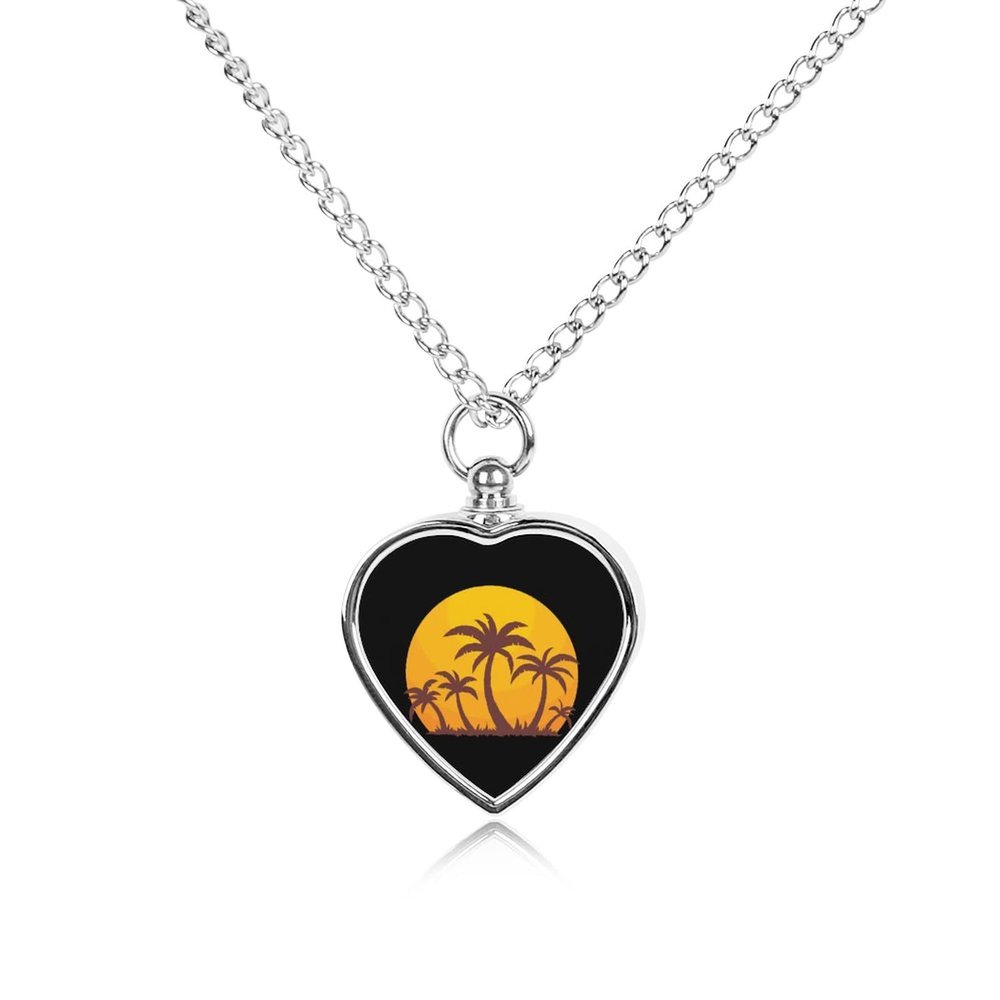 Hawaii Sunset and Palm Trees Urn Necklace for Ashes Personalized Pet Cremation Jewelry Heart Urn Pendant for Men Women