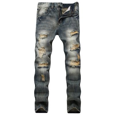 JEsilunmaMY Men's Ripped Straight Leg Jeans Mid Waist Slim Fit Casual Denim Pants Washed Distressed Destroyed Jeans with Hole (Blue2,34)