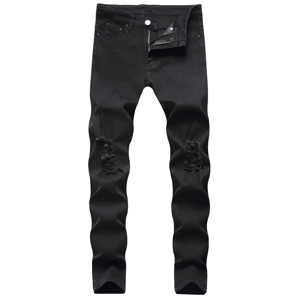 JEsilunmaMY Summer Boyfriend Denim Pants for Men Mid Waist Stretch Ripped Hole Skinny Jeans Solid Color Slim Fit Pencil Jeans (Black,36)