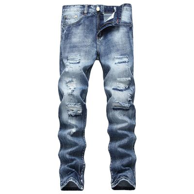 JEsilunmaMY Men's Ripped Straight Leg Jeans Mid Waist Slim Fit Casual Denim Pants Washed Distressed Destroyed Jeans with Hole (Blue1,34)