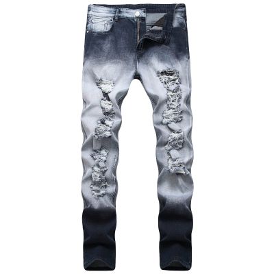 JEsilunmaMY Washed Denim Pants for Men Mid Waist Distressed Ripped Straight Leg Jeans Slim Fit Casual Stretch Boyfriend Jeans (Dark Blue,30)