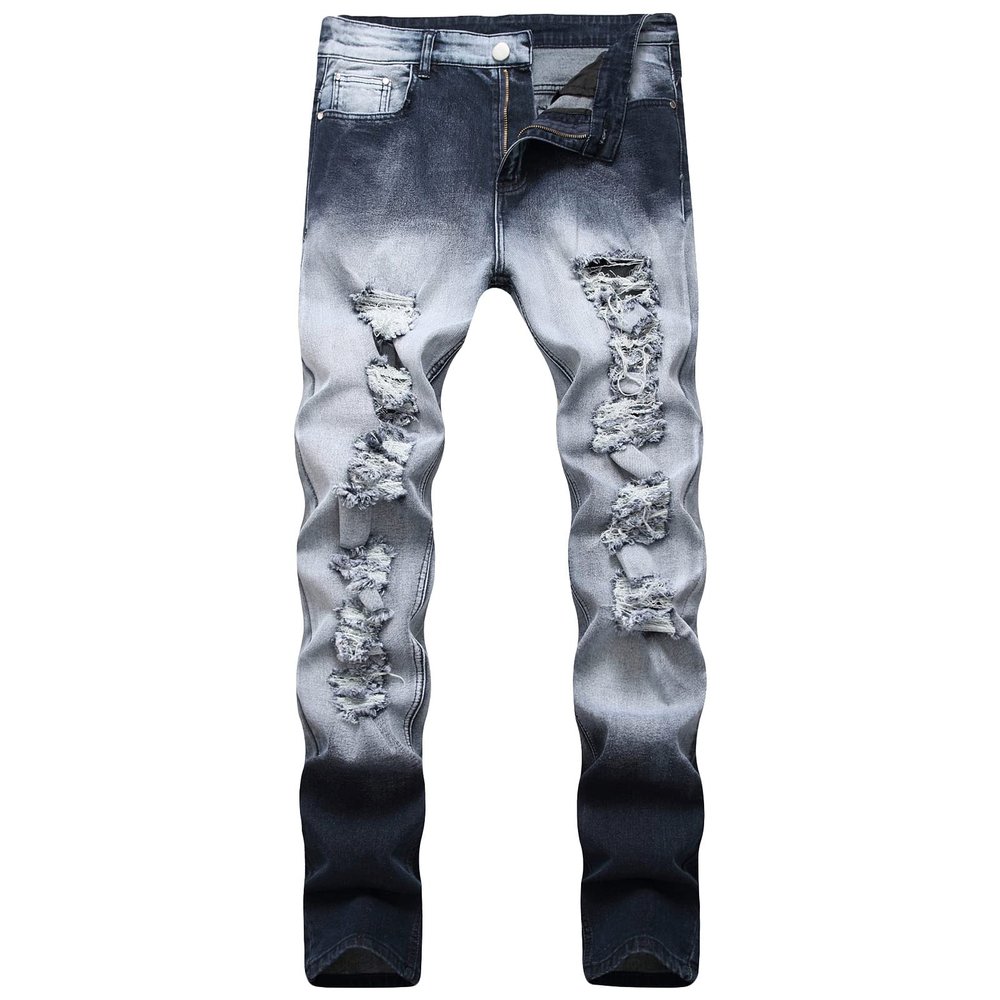 JEsilunmaMY Washed Denim Pants for Men Mid Waist Distressed Ripped Straight Leg Jeans Slim Fit Casual Stretch Boyfriend Jeans (Dark Blue,30)