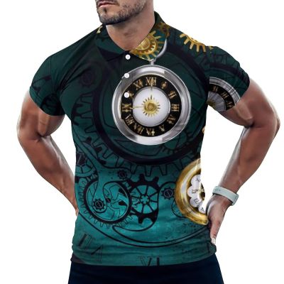 Antique Gear Pocket Watch Pattern Men's Polo Shirt Short Sleeve Casual Pullover T-Shirt Tee Top 5XL