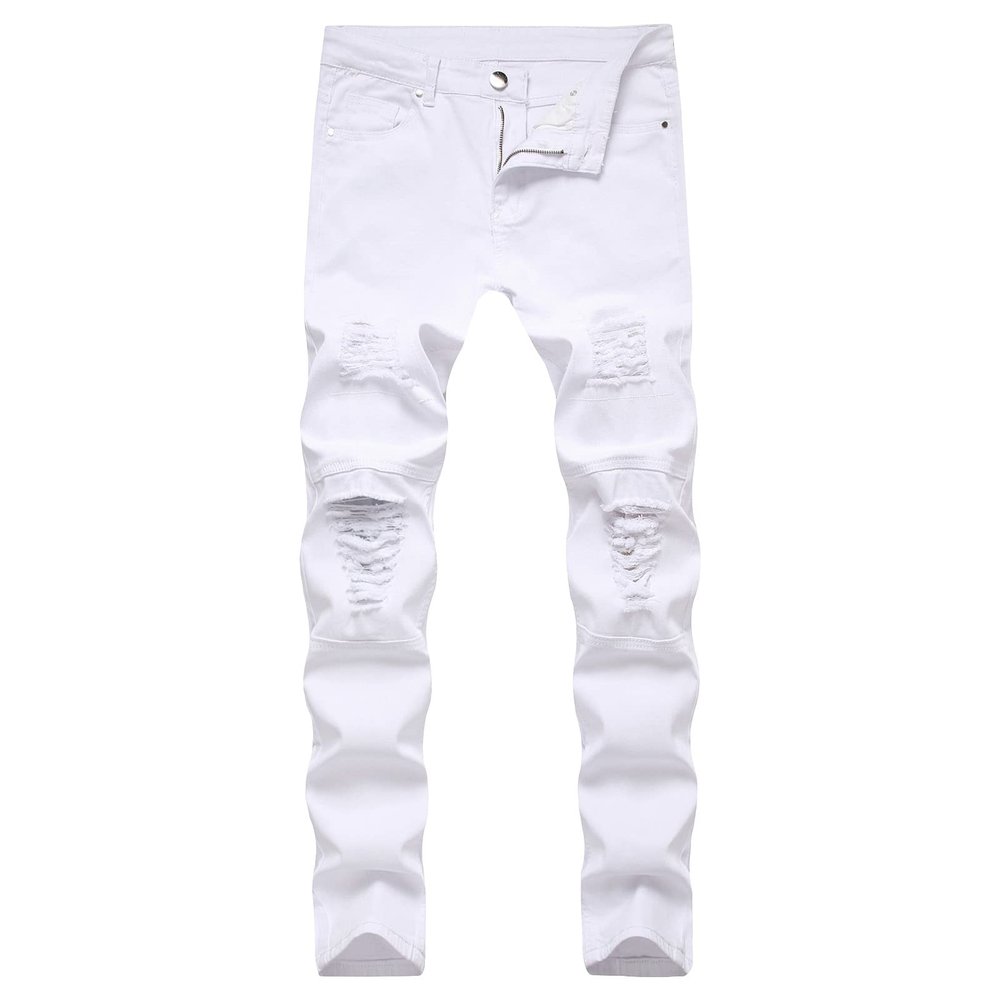 JEsilunmaMY Summer Ripped Jeans for Men Mid Waist High Street Biker Denim Pants Slim Fit Casual Straight Leg Pencil Jeans (White,32)