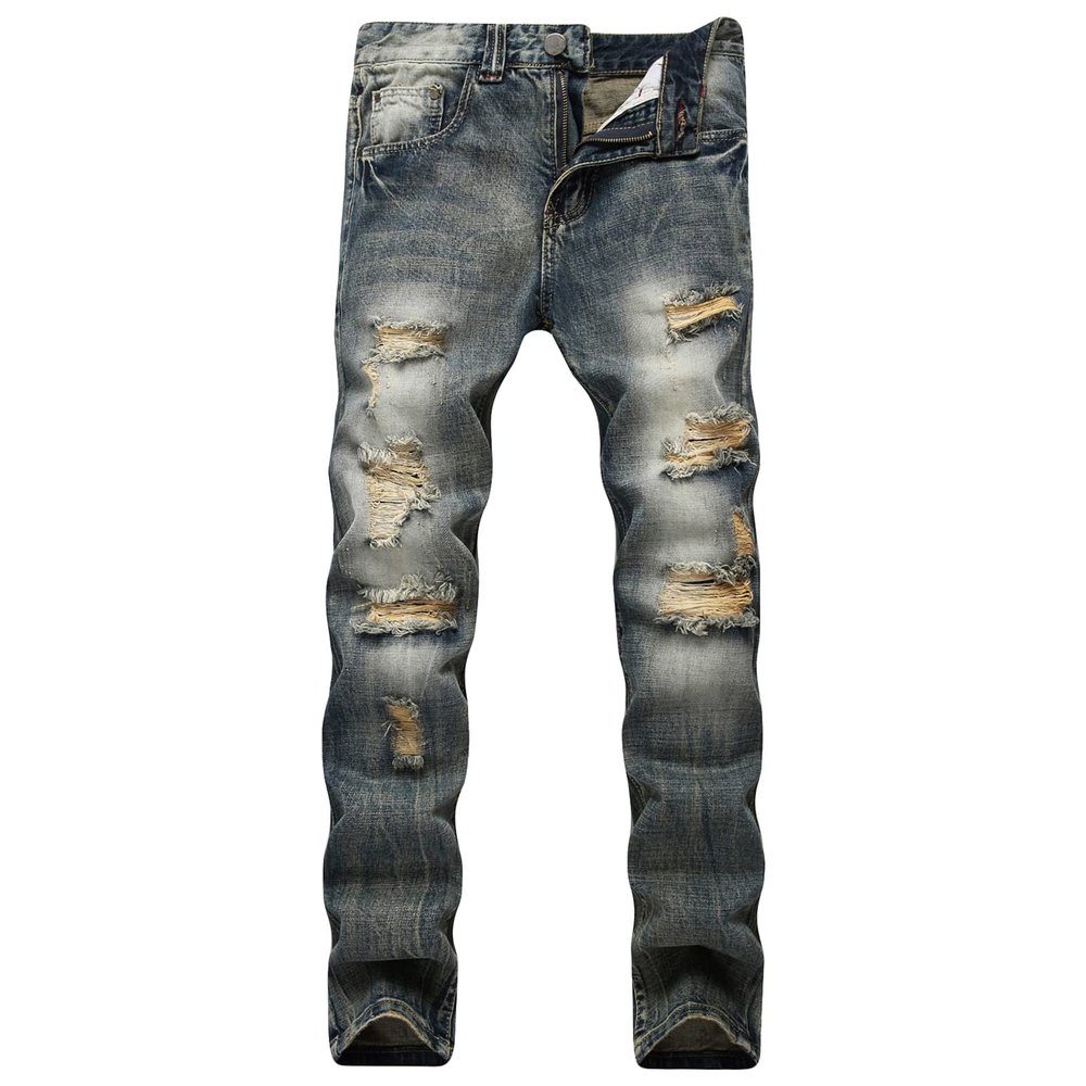 JEsilunmaMY Men's Ripped Straight Leg Jeans Mid Waist Slim Fit Casual Denim Pants Washed Distressed Destroyed Jeans with Hole (Blue2,40)