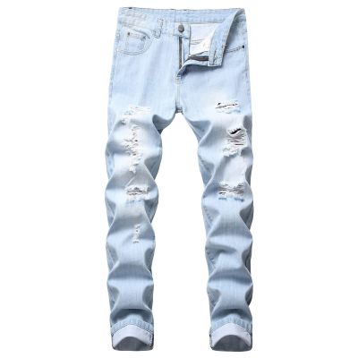 JEsilunmaMY Men's Ripped Straight Leg Jeans Mid Waist Slim Fit Casual Denim Pants Washed Distressed Destroyed Jeans with Hole (Light Blue,28)