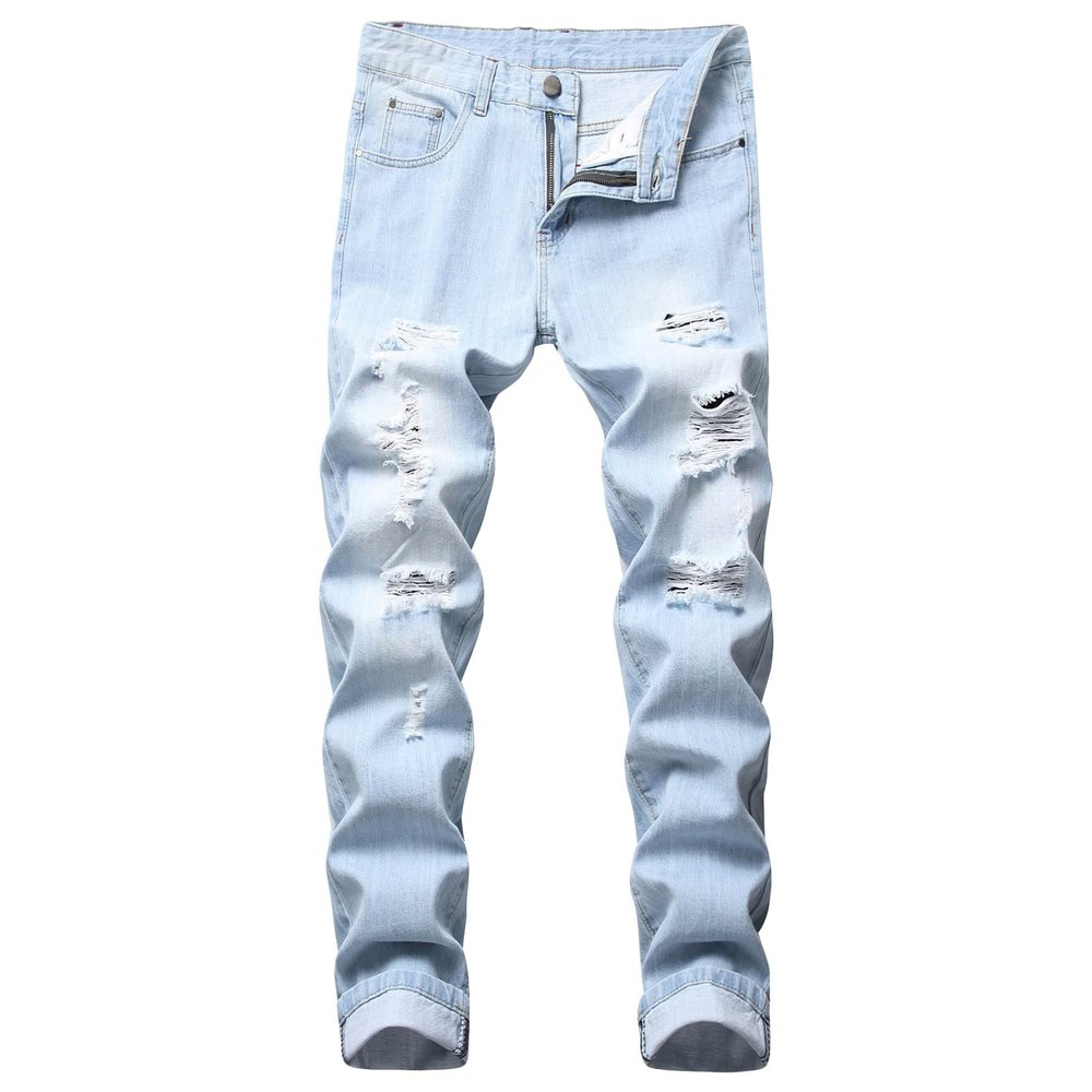 JEsilunmaMY Men's Ripped Straight Leg Jeans Mid Waist Slim Fit Casual Denim Pants Washed Distressed Destroyed Jeans with Hole (Light Blue,28)