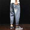 Men's Vintage Ripped Jeans Mid Waist Distressed Destroyed Harem Jeans Casual Loose Pocket Cropped Denim Pants (Light Blue,32) view 3