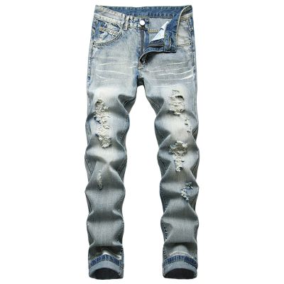 JEsilunmaMY Mens Retro Ripped Denim Pants Mid Waist Distressed Destroyed Straight Leg Jeans Slim Washed Jeans Pants with Hole (Blue,36)
