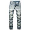 JEsilunmaMY Mens Retro Ripped Denim Pants Mid Waist Distressed Destroyed Straight Leg Jeans Slim Washed Jeans Pants with Hole (Blue,36) view 1