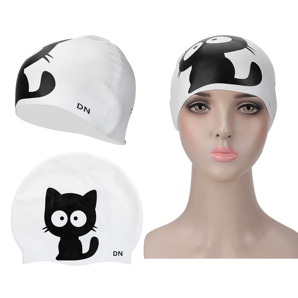 Women Silicone Swimming Cap, Swim Cap Women Silicone Swimming Cap for Boys Girls Swim Hats for Long Hair Short Hair Easy to Put On and Off(Cat)