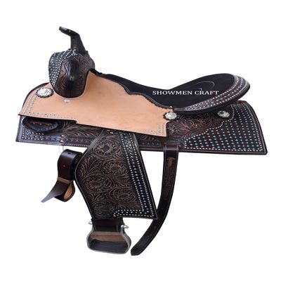 SHOWMEN CRAFT Western Barrel Racing Style Saddle with Matching Headstall & Breast Collar (16 Inch)
