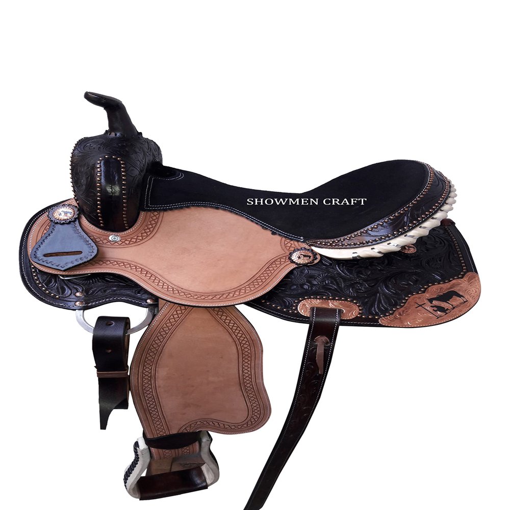 SHOWMEN CRAFT Western Saddle Barrel Racing Saddle with Praying Cowboy Copper Accents with Headstall and breastcollar (12 Inch)