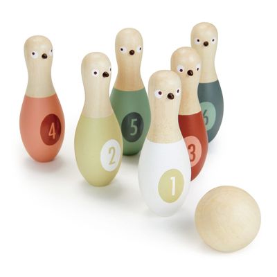 Tender Leaf Toys - Birdie Skittles - Kids Bowling Set - 6 Solid Wood Bowling Pins, Ball and Storage Bag - Fun Physical Learning for Toddler - Develop Hand-Eye Coordination and Numeracy Skills - Age 3+