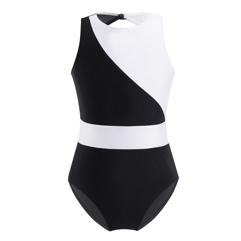 CHICTRY Kids Girls Color Block Sleeveless Hollow Back Athletic Gymnastics Dance Leotards Bodysuit Black&White 8 Years