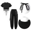 Fldy Kid Girls 2 Piece Outfits Girls Crop Tops with Sweatpants Joggers Set Jazz Hip Hop Dance Clothes Set Black A 9-10 Years view 3