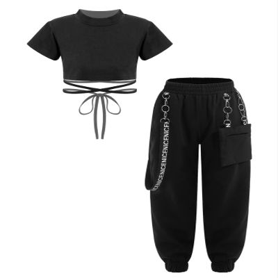 Fldy Kid Girls 2 Piece Outfits Girls Crop Tops with Sweatpants Joggers Set Jazz Hip Hop Dance Clothes Set Black A 15-16 Years