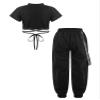 Fldy Kid Girls 2 Piece Outfits Girls Crop Tops with Sweatpants Joggers Set Jazz Hip Hop Dance Clothes Set Black A 15-16 Years view 2