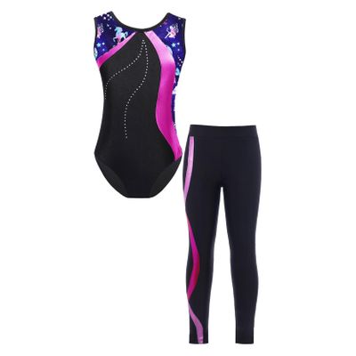 Jizyo Kids Girls Sparkle Dance Clothes Suit Sleeveless Gymnastic Leotard with Leggings Sports Outfit Tracksuit Navy Blue 8 Years