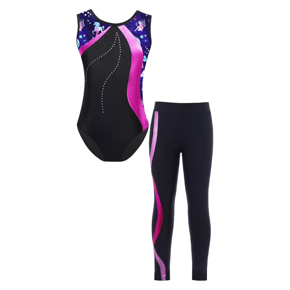 Jizyo Kids Girls Sparkle Dance Clothes Suit Sleeveless Gymnastic Leotard with Leggings Sports Outfit Tracksuit Navy Blue 8 Years