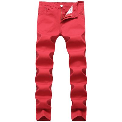 Men's Slim Fit Trousers Mid Waist Stretch Skinny Straight Leg Jeans Casual Comfort Basic Cotton Denim Pants (Red,32)