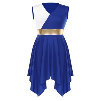 ranrann Women's Asymmetrical Praise Dance Tunic Color Block Sleeveless Worship Lyrical Dance Overlay Costume V Neck-Blue Medium