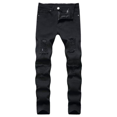 JEsilunmaMY Mens Destroyed Straight Leg Jeans Mid Waist Slim Fit Pleated Ripped Denim Pants Distressed Casual Pencil Trousers (Black,38)