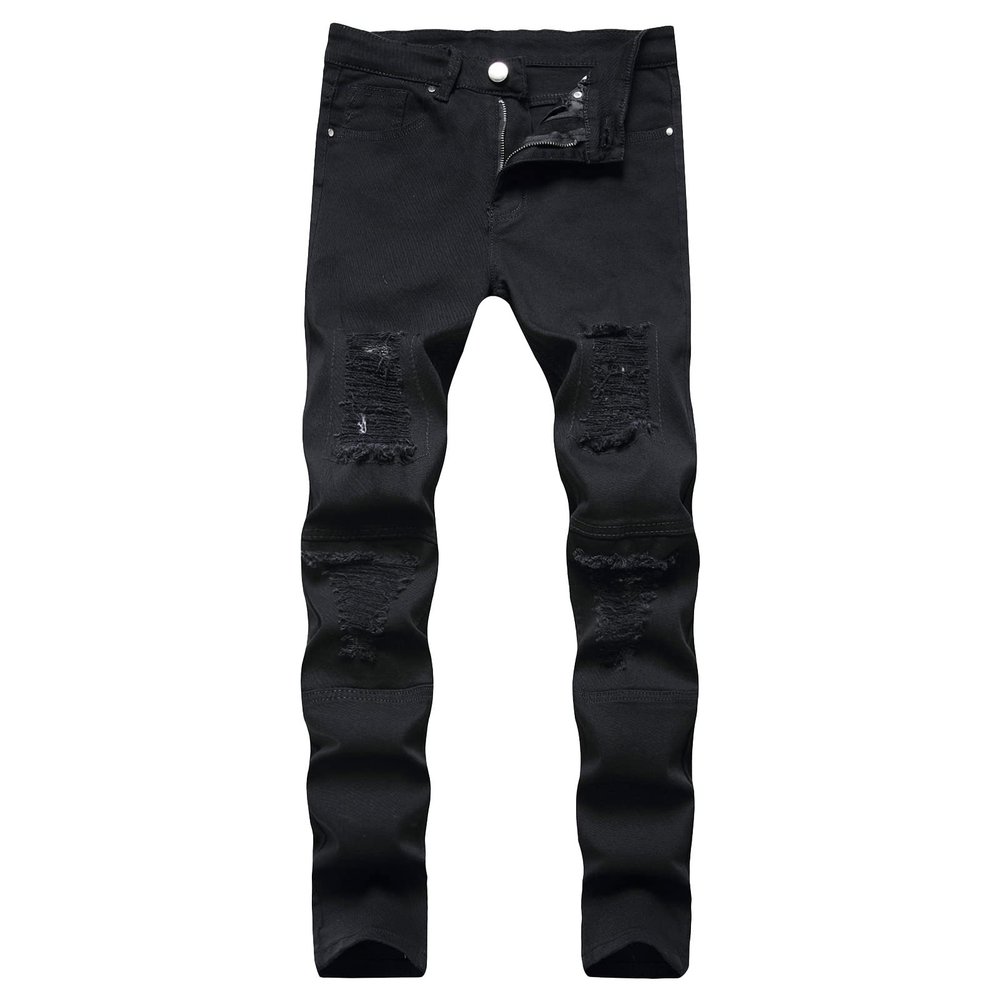 JEsilunmaMY Mens Destroyed Straight Leg Jeans Mid Waist Slim Fit Pleated Ripped Denim Pants Distressed Casual Pencil Trousers (Black,38)