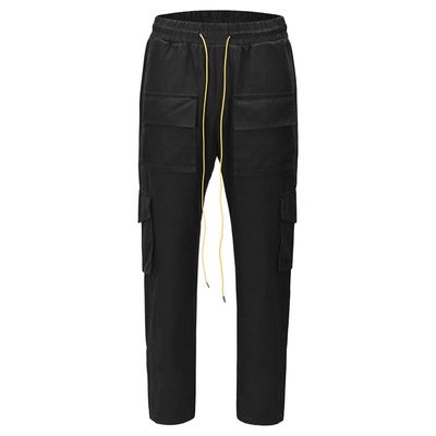 JEsilunmaMY Men's Multi-Pocket Cargo Pants Drawstring Elastic Waist Camo Straight Pants Distressed Hip-Hop Loose Trousers (Black,Medium)