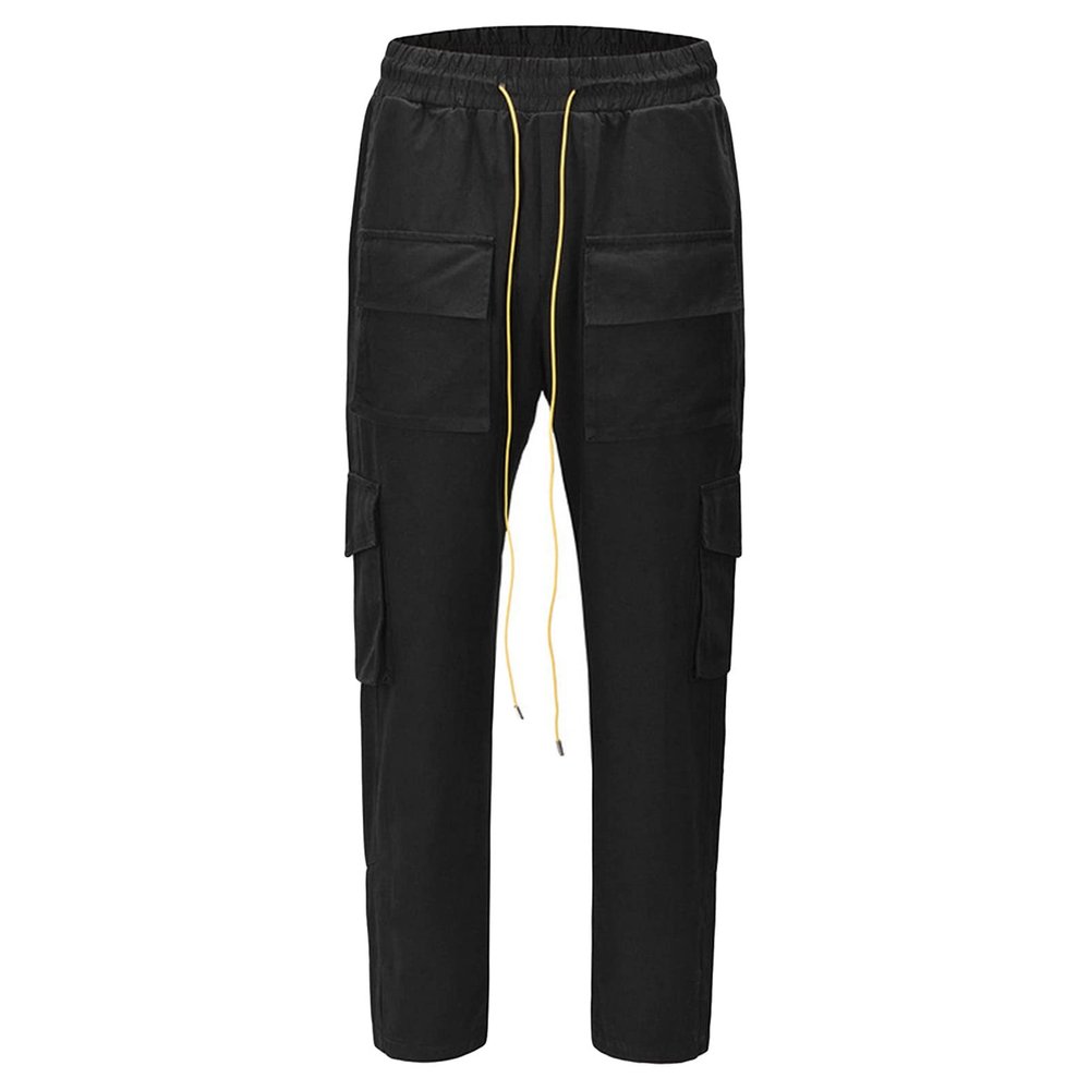 JEsilunmaMY Men's Multi-Pocket Cargo Pants Drawstring Elastic Waist Camo Straight Pants Distressed Hip-Hop Loose Trousers (Black,Medium)