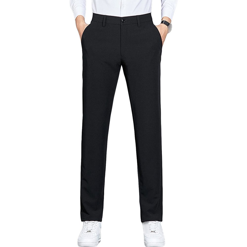 Men's Slim 4-Way Stretch Pant Solid Skinny Fit Comfort Suit Pant Lightweight Wrinkle Resistant Business Trousers (Black,28)