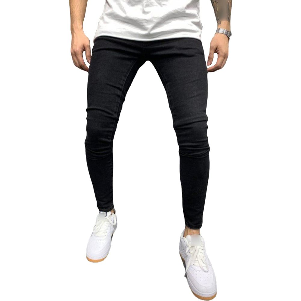JEsilunmaMY Men's Stretch Skinny Pencil Jeans Mid Waist Distressed Washed Denim Pants Slim Fit Casual Comfort Jean Trousers (Black,XX-Large)