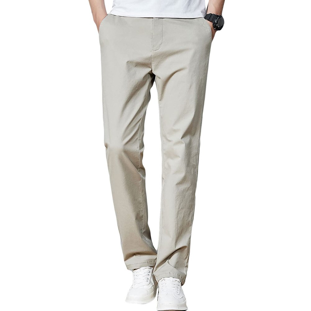 Maiyifu-GJ Men Slim Stretch Casual Pant Solid Color Skinny Comfort Suit Pant Lightweight Wrinkle Resistant Business Trousers (Khaki,28)
