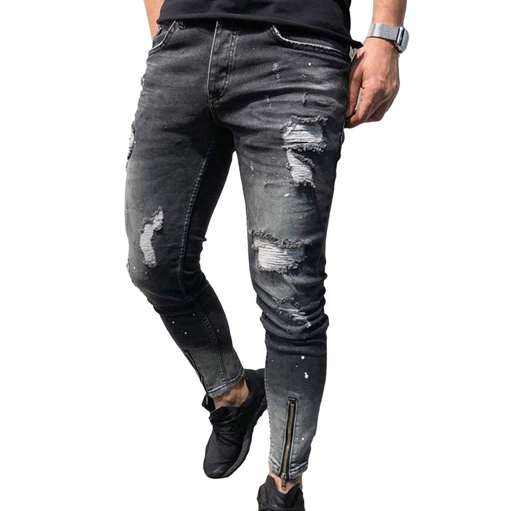 JEsilunmaMY Men's Washed Ripped Pencil Jeans Mid Waist Stretch Skinny Ankle Zipper Denim Pants Distressed Destroyed Trousers (Black,Small)