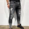 JEsilunmaMY Men's Washed Ripped Pencil Jeans Mid Waist Stretch Skinny Ankle Zipper Denim Pants Distressed Destroyed Trousers (Black,Small) view 2