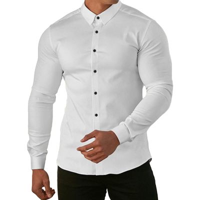 Men Muscle Fitness Long Sleeve Business Shirt Casual Muscle Fit Dress Shirts Athletic Button Up Solid Shirts (White,Medium)