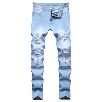 JEsilunmaMY Mens Destroyed Straight Leg Jeans Mid Waist Slim Fit Pleated Ripped Denim Pants Distressed Casual Pencil Trousers (Blue,34)