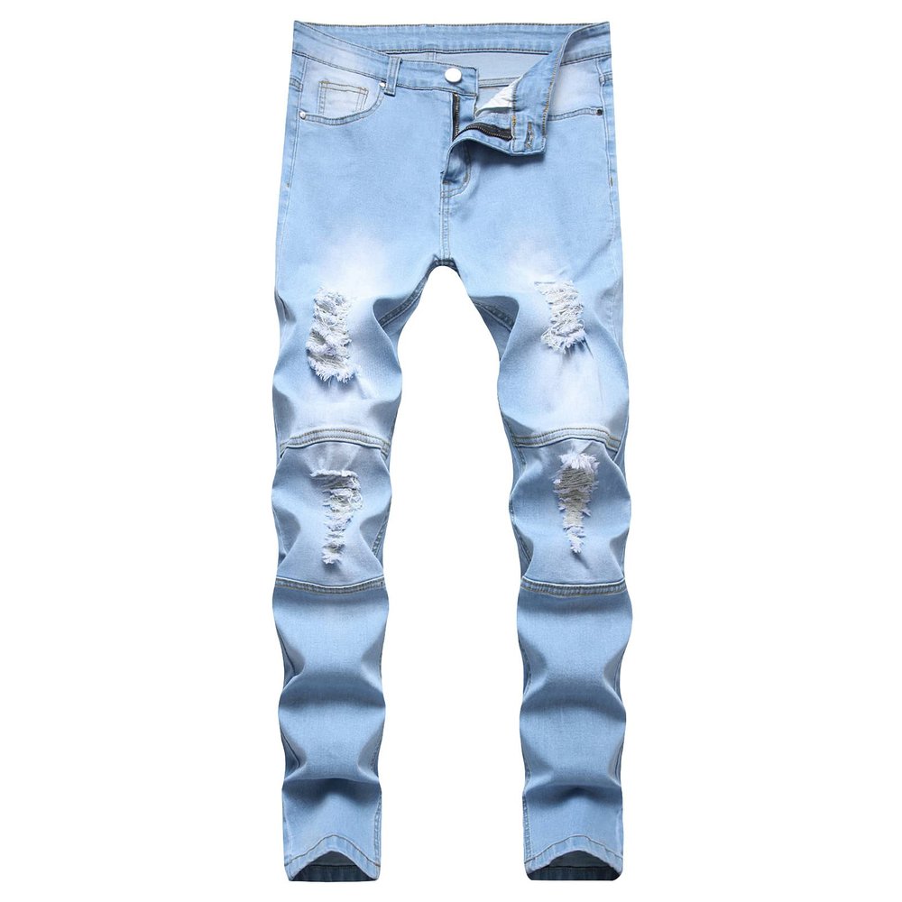 JEsilunmaMY Mens Destroyed Straight Leg Jeans Mid Waist Slim Fit Pleated Ripped Denim Pants Distressed Casual Pencil Trousers (Blue,34)