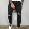 JEsilunmaMY Men's Ripped Hole Jean Pants Mid Waist Stretch Skinny Destroyed Denim Pants Washed Distressed Pencil Trousers (Black,XX-Large) view 2