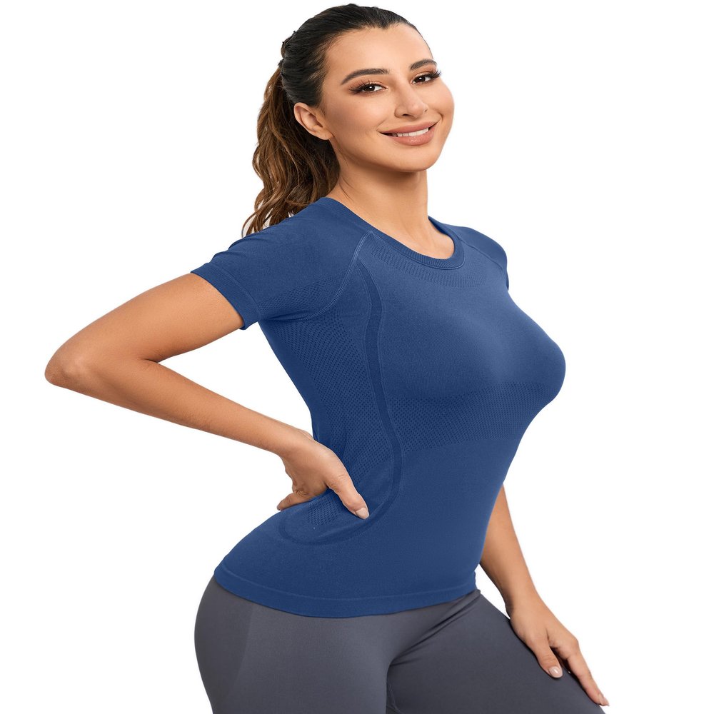 MathCat Seamless Workout Tops for Women, Short Sleeve Compression Athletic Shirts Soft Yoga Gym Tops Navy