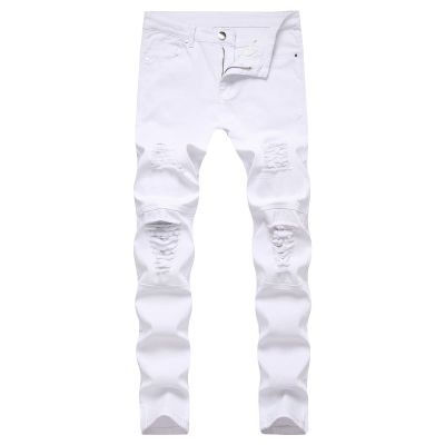JEsilunmaMY Mens Destroyed Straight Leg Jeans Mid Waist Slim Fit Pleated Ripped Denim Pants Distressed Casual Pencil Trousers (White,28)