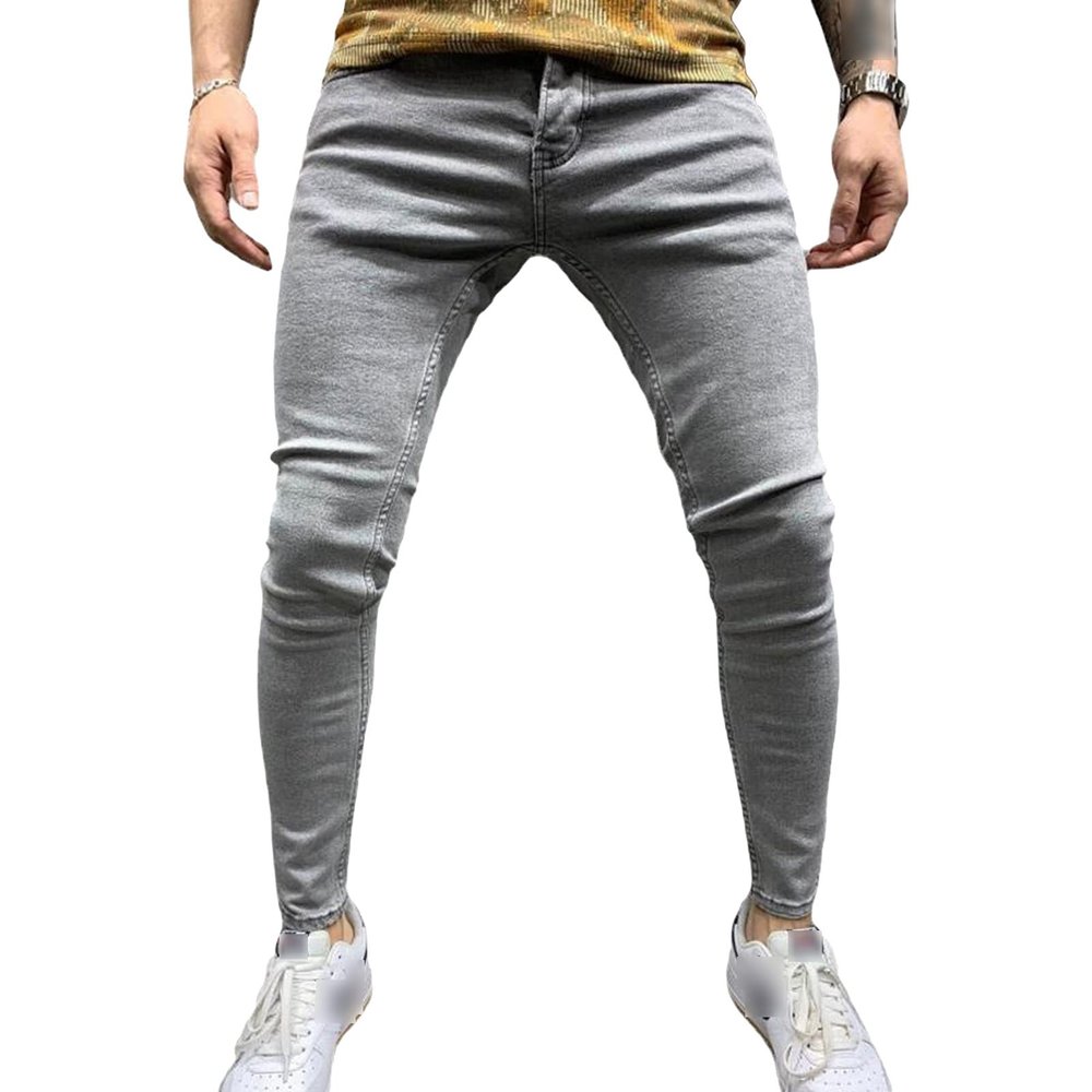 JEsilunmaMY Men's Stretch Skinny Pencil Jeans Mid Waist Distressed Washed Denim Pants Slim Fit Casual Comfort Jean Trousers (Grey,Small)