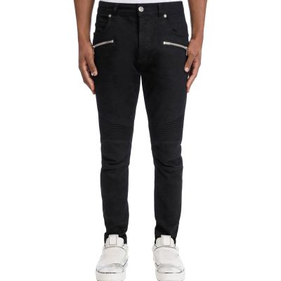 JEsilunmaMY Men's Stretch Biker Jeans Casual Mid Waist Pleated Skinny Pencil Jean Trousers Washed Distressed Denim Pants (Black,34)