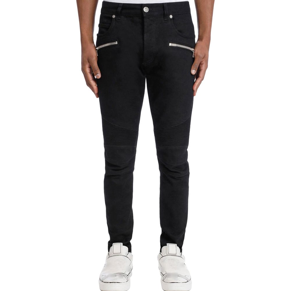 JEsilunmaMY Men's Stretch Biker Jeans Casual Mid Waist Pleated Skinny Pencil Jean Trousers Washed Distressed Denim Pants (Black,34)