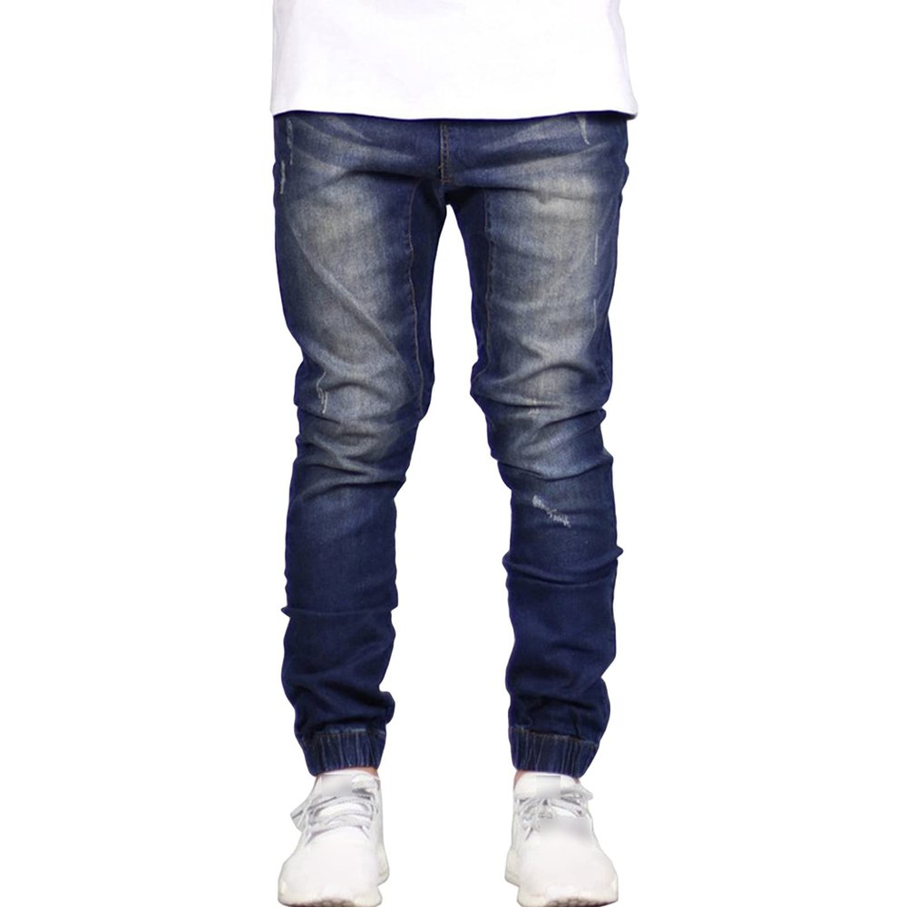 JEsilunmaMY Casual Pencil Jeans for Men Mid Waist Skinny Jogger Denim Pants Slim Fit Distressed Washed Straight Leg Trousers (Dark Blue,29)