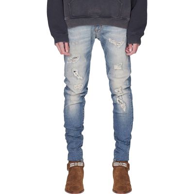 JEsilunmaMY Men's Slim Ripped Denim Pants Fashion Mid Waist Distressed Skinny Pencil Jeans Casual Stretch Destroyed Trousers (Light Blue,28)