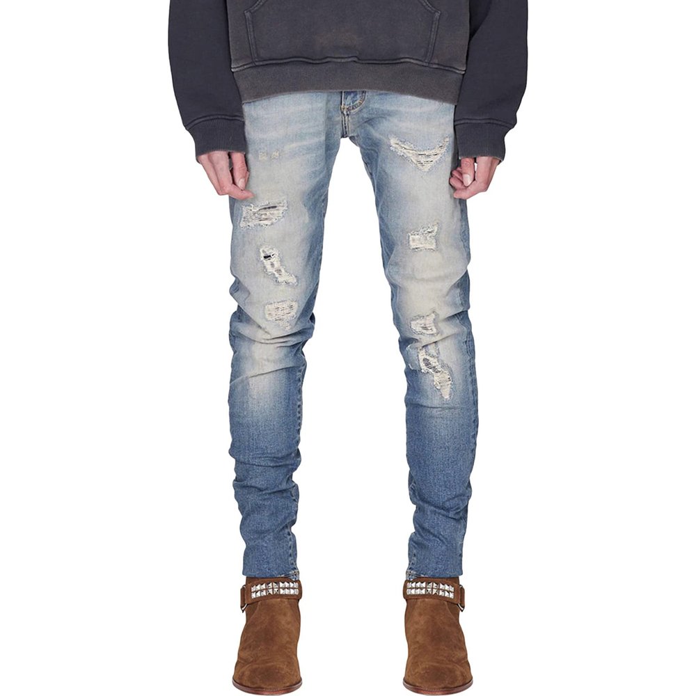 JEsilunmaMY Men's Slim Ripped Denim Pants Fashion Mid Waist Distressed Skinny Pencil Jeans Casual Stretch Destroyed Trousers (Light Blue,28)