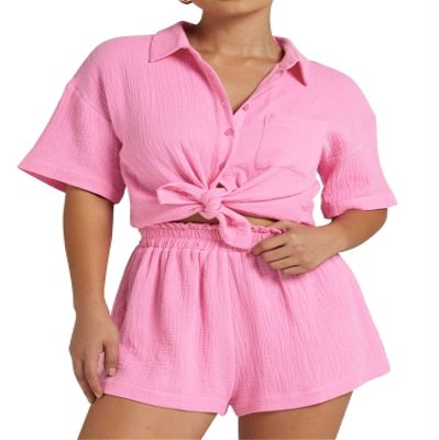 Flygo Womens Casual 2 Piece Outfits Cotton Linen Sets Button Down Oversized Shirt Shorts 2026 Pajama Lounge Beach Set(LightPink-S)