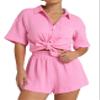 Flygo Womens Casual 2 Piece Outfits Cotton Linen Sets Button Down Oversized Shirt Shorts 2026 Pajama Lounge Beach Set(LightPink-S) view 1